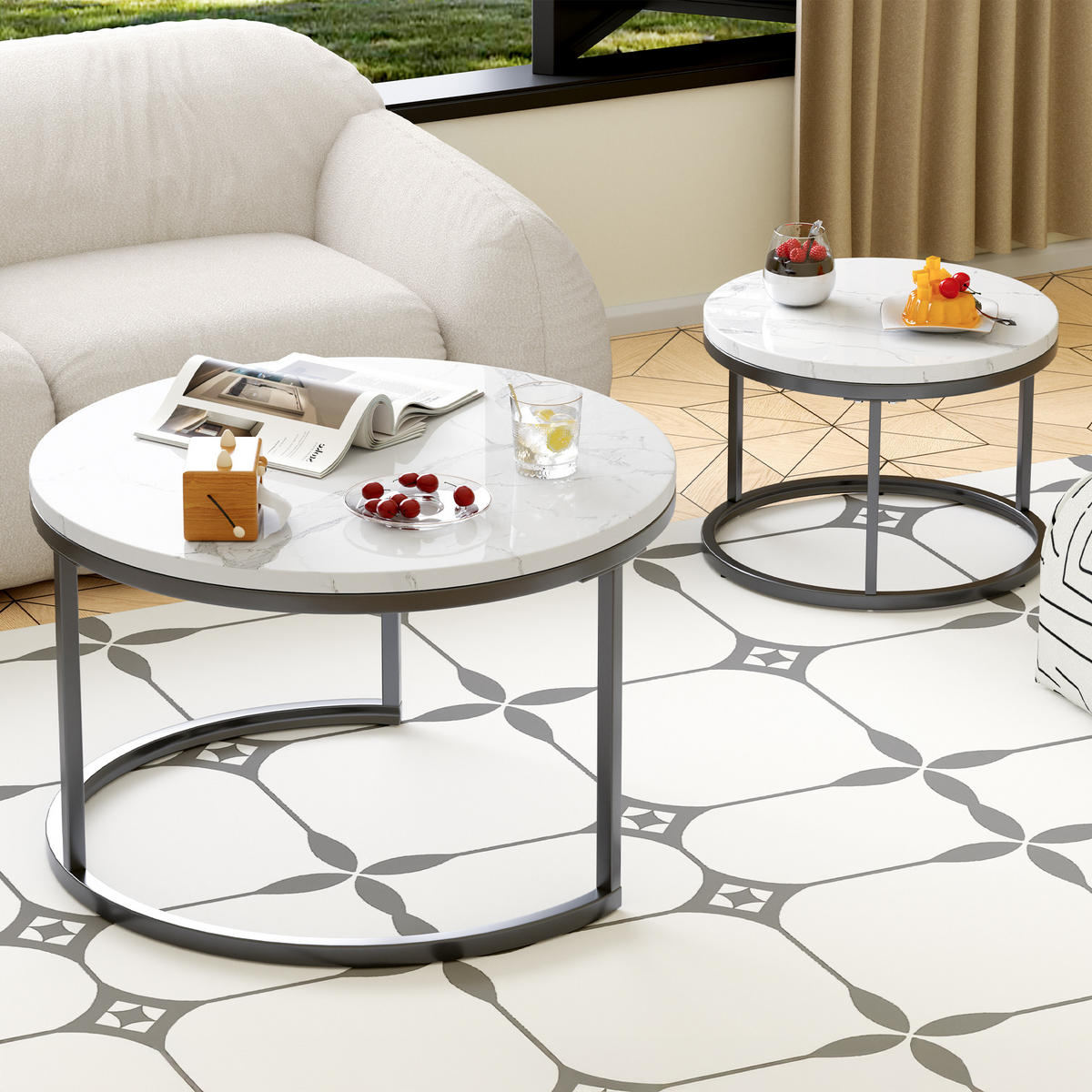 COUCHTISCH 2-tlg stapelbarer Kaffeetisch Nestingtische,Beistelltisch Wohnzimmertisch mit Metallgestell für Wohnzimmer - Schwarz/Weiß, Holzwerkstoff/Metall (70/70/45cm) - EVRYAE