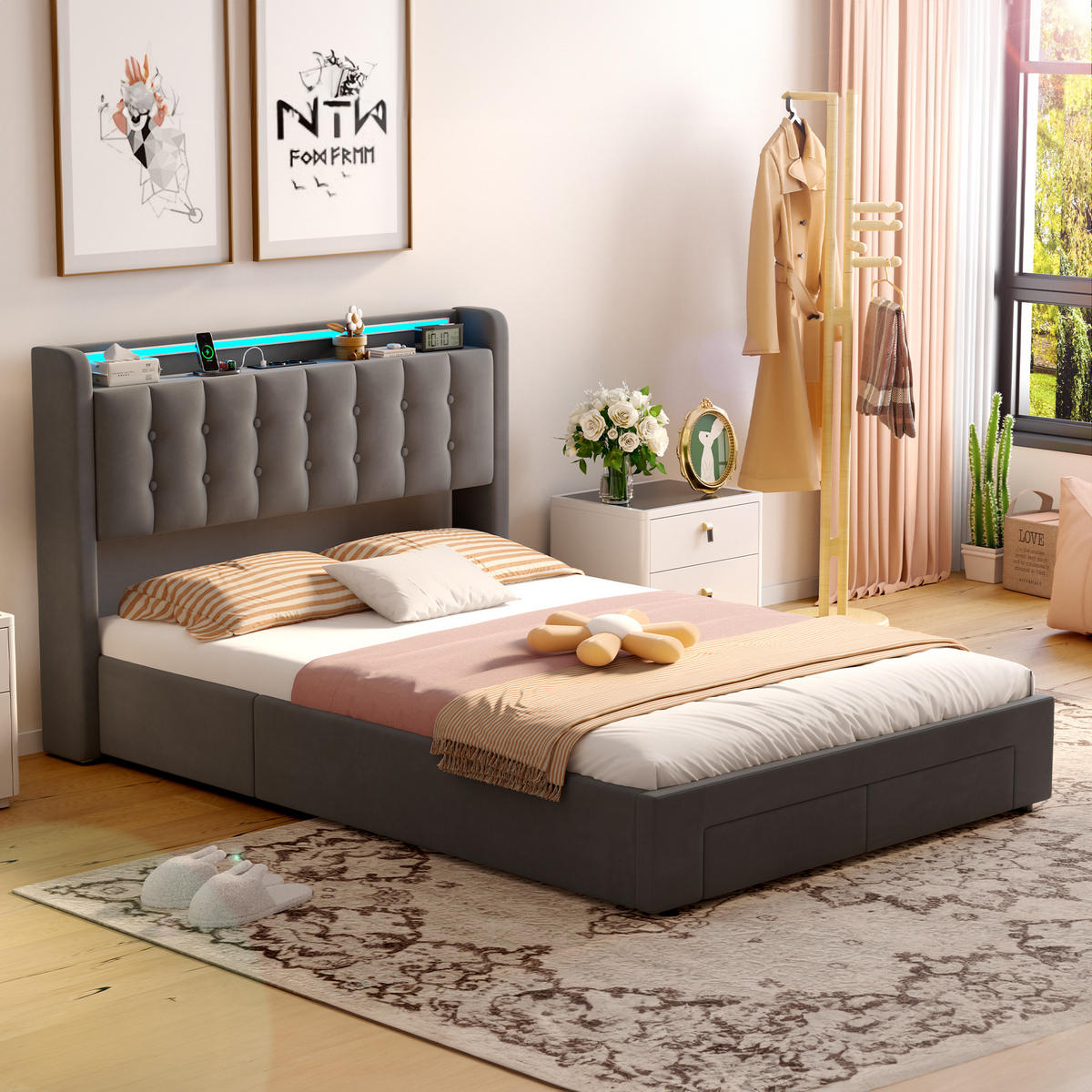 ČALOUNĚNÁ postel 140/190 cm s LED osvětlením, 2 velké zásuvky - šedá, textil (140/190cm) - Modenvie