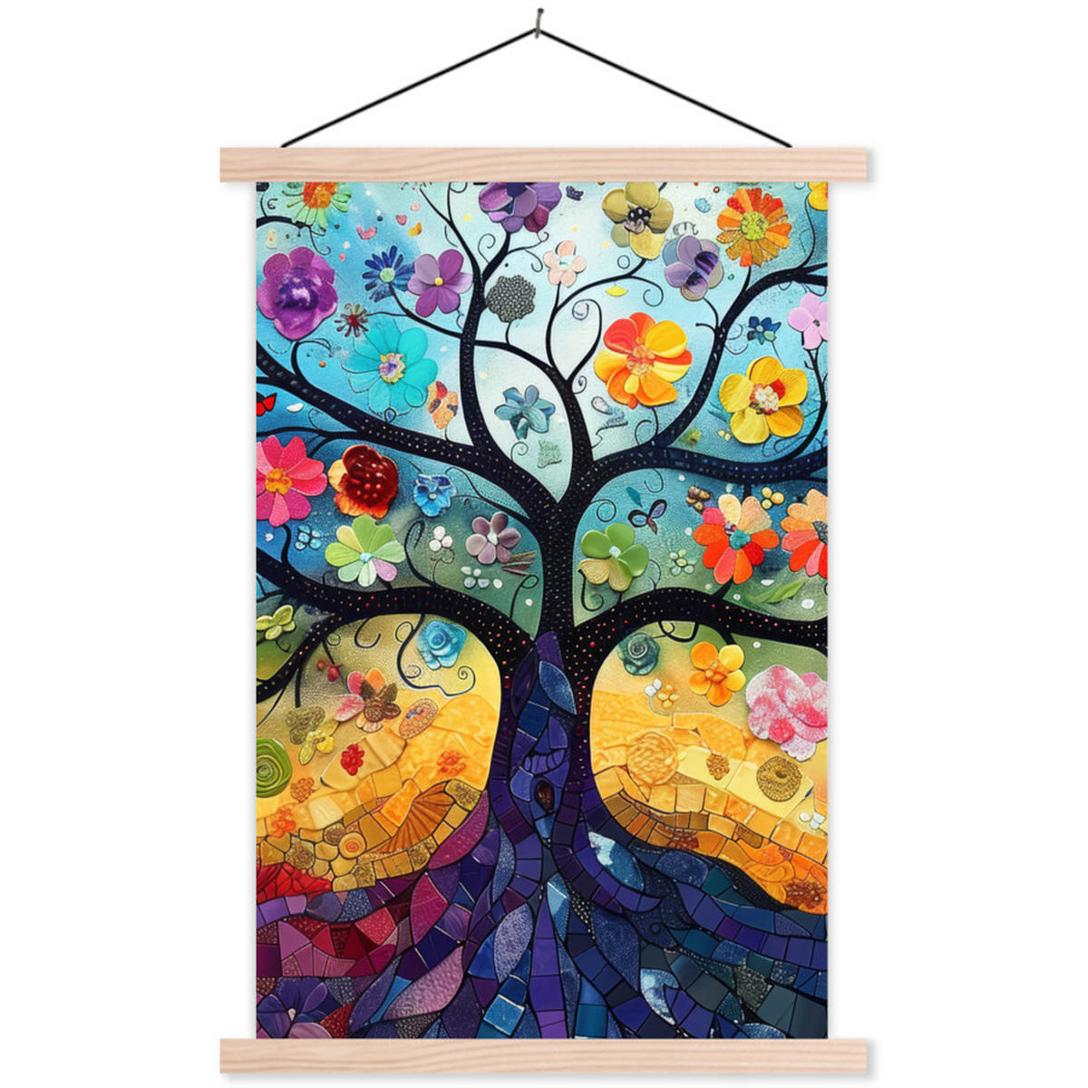 POSTER Kunst - Baum des Lebens - Blumen - Hippie 40x60 cm - Dunkelblau, Textil (40/60/0.15cm) - MuchoWow