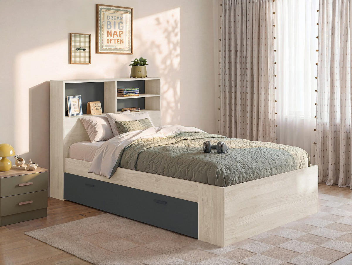 BETTRAHMEN - 1 Person - holz - anthrazitgrau, naturfarben hell Vardiel - Anthrazit/Naturfarben, Holz (120/190cm) - Vente-Unique