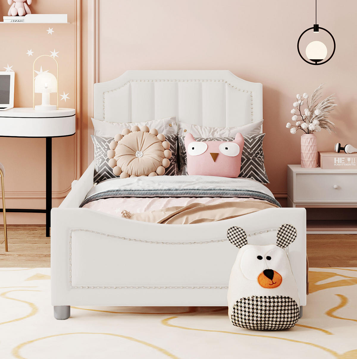 KINDEREINZELBETTEN aus Flanell 211x94,5x41,5 cm in Beige mit Rückenlehne - Beige, Holz (90/200cm) - Modfu