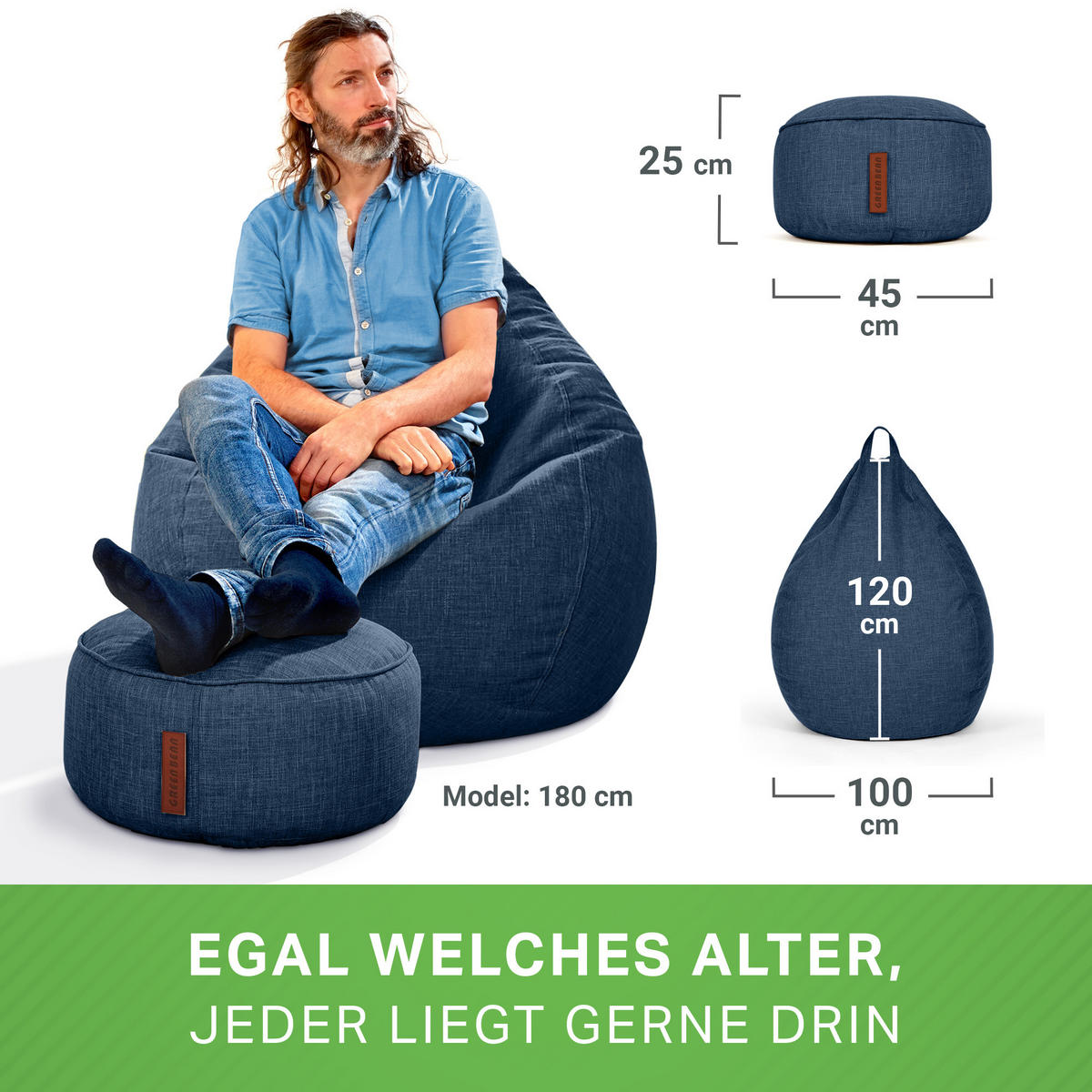 XXL-SITZSACK Indoor "Home Linen“+Hocker - Dunkelblau, Textil (100/120/50cm) - Green Bean