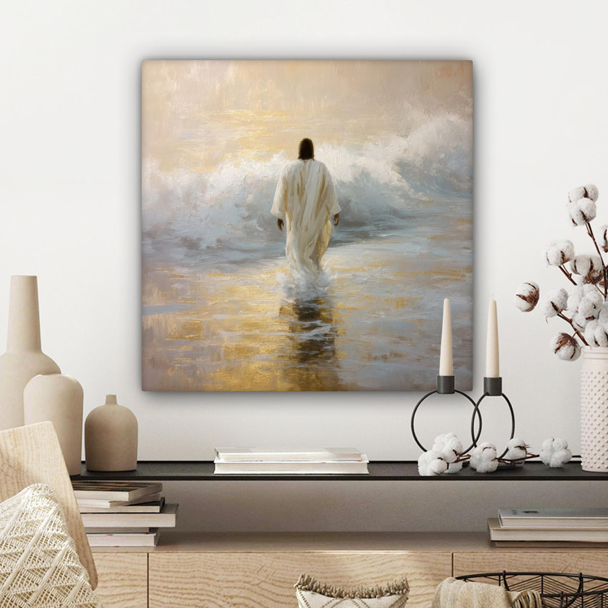 LEINWANDBILD Gemälde - Welle - Jesus - Abstrakt Wandbild Wohnzimmer 50x50 cm - Goldfarben, Textil (50/50cm) - MuchoWow