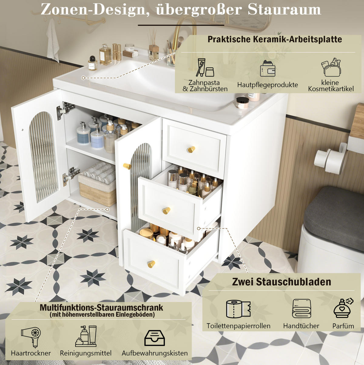 WANDMONTIERTER Badschrank mit Keramikwaschbecken 80x50x58 cm Weiß, 2 Schubladen, verstellbare Einlegeböden, modernes Design - Weiß, Holzwerkstoff (80/58/50cm) - Modfu