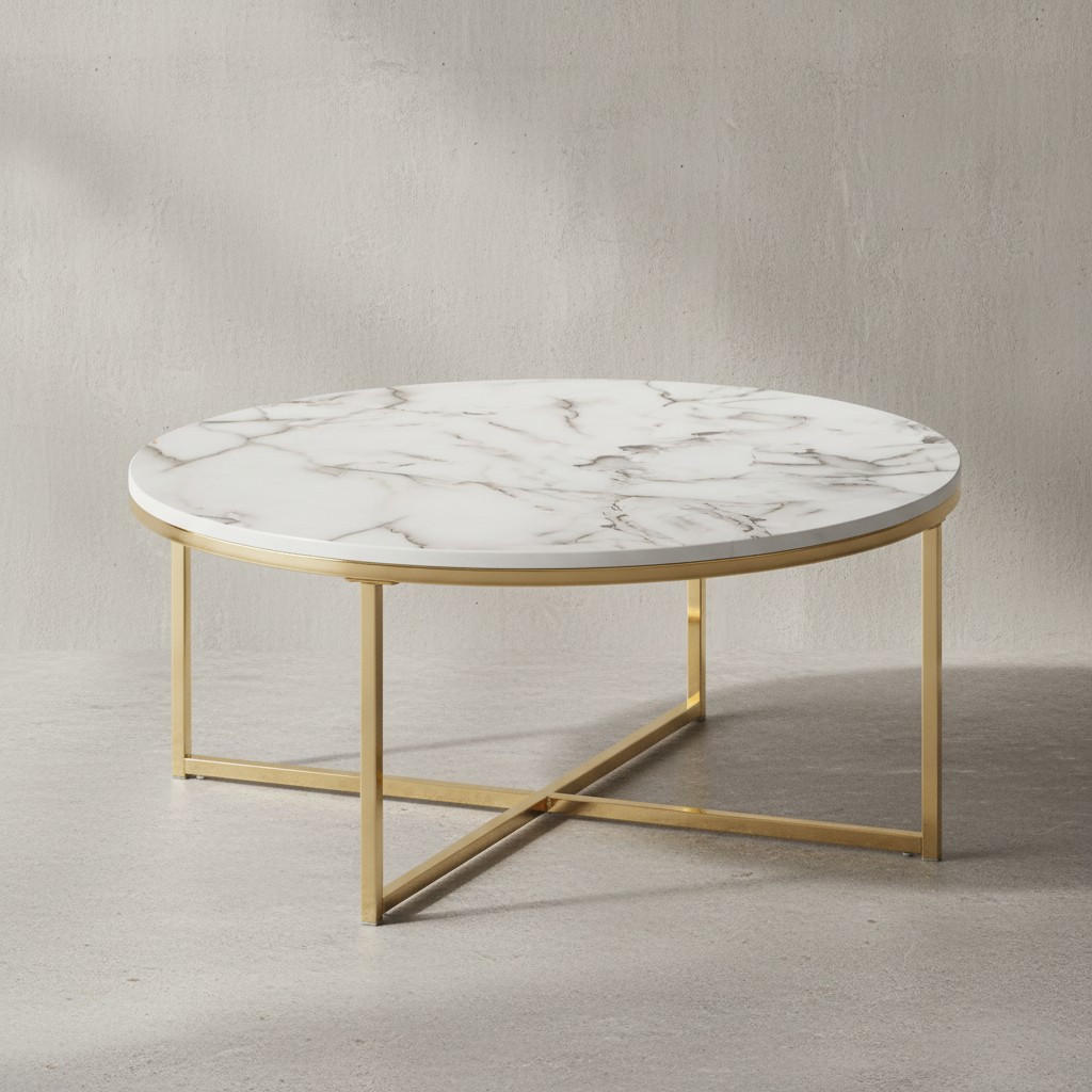 COUCHTISCH mit Marmor-Optik und Hochglanz-Finish, rund, Weiß 80x80x35 cm - Goldfarben/Weiß, Holz/Metall (80/80/35cm) - KADIMA DESIGN