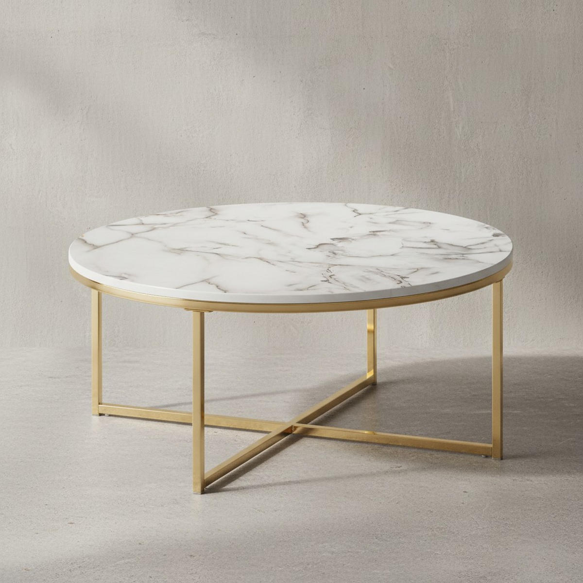 COUCHTISCH mit Marmor-Optik und Hochglanz-Finish, rund, Weiß 80x80x35 cm - Goldfarben/Weiß, Holz/Metall (80/80/35cm) - KADIMA DESIGN