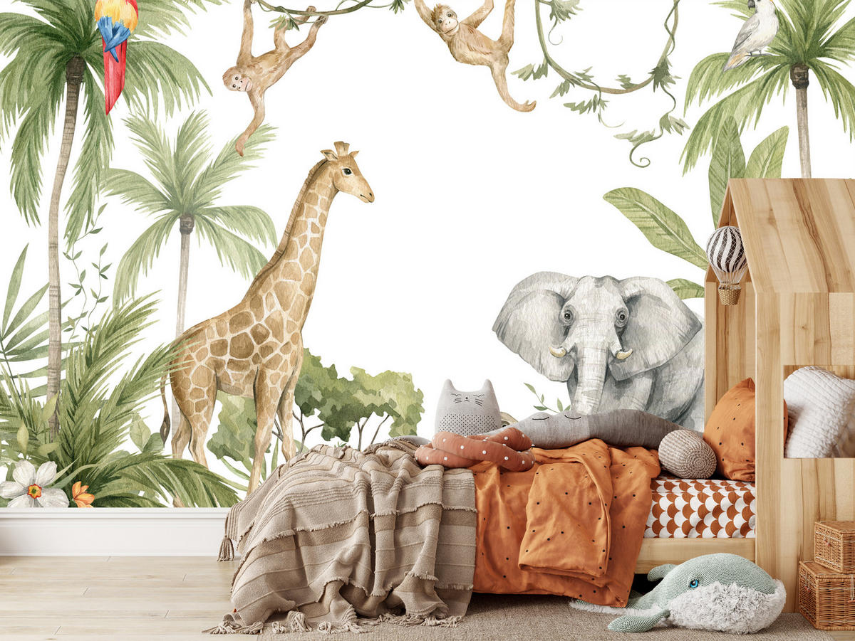 FOTOTAPETE für Kinderzimmer Dschungel Tiere Giraffe Elefant Palmen 400x280 - Beige/Rot, Papier (400/280cm) - Muralo