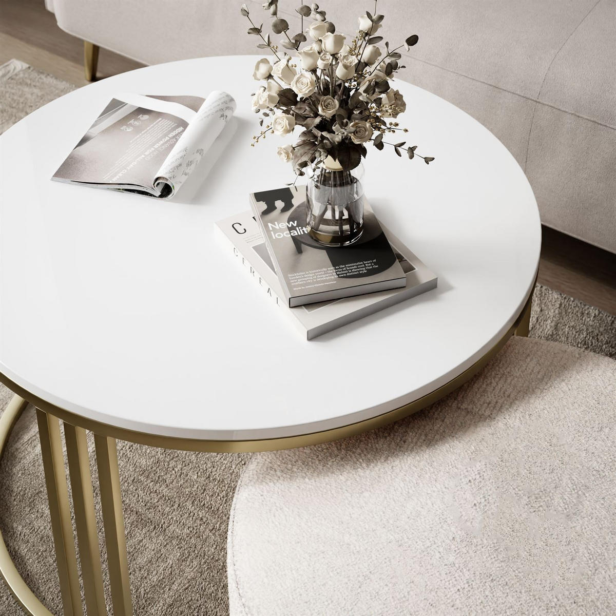 COUCHTISCH mit Hocker LORI Hochglanz gebürstetes Gold/weißer Glanz/Perfect Harmony 01 - Weiß, Metall (70/70/49cm) - Lookway