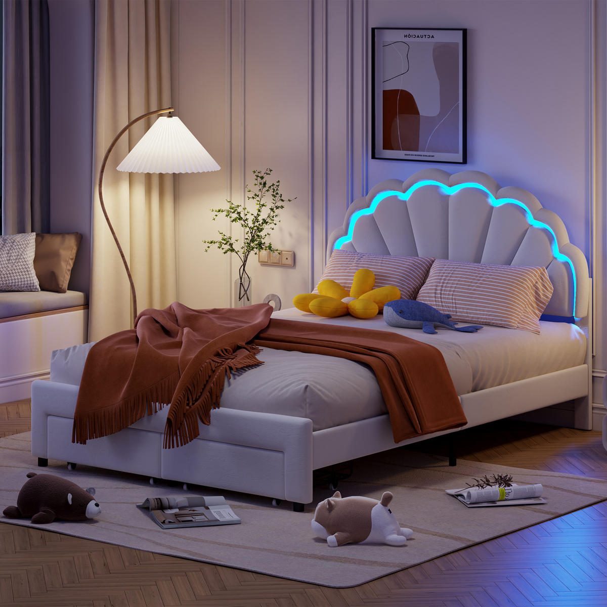 POLSTERBETT 140 × 200 mit Stauraumschubladen, Kinderbett mit LED-Leuchten, Holzlatten und Blütenkopf, Weiß - Weiß, Holz/Holzwerkstoff (140/200cm) - BursDany