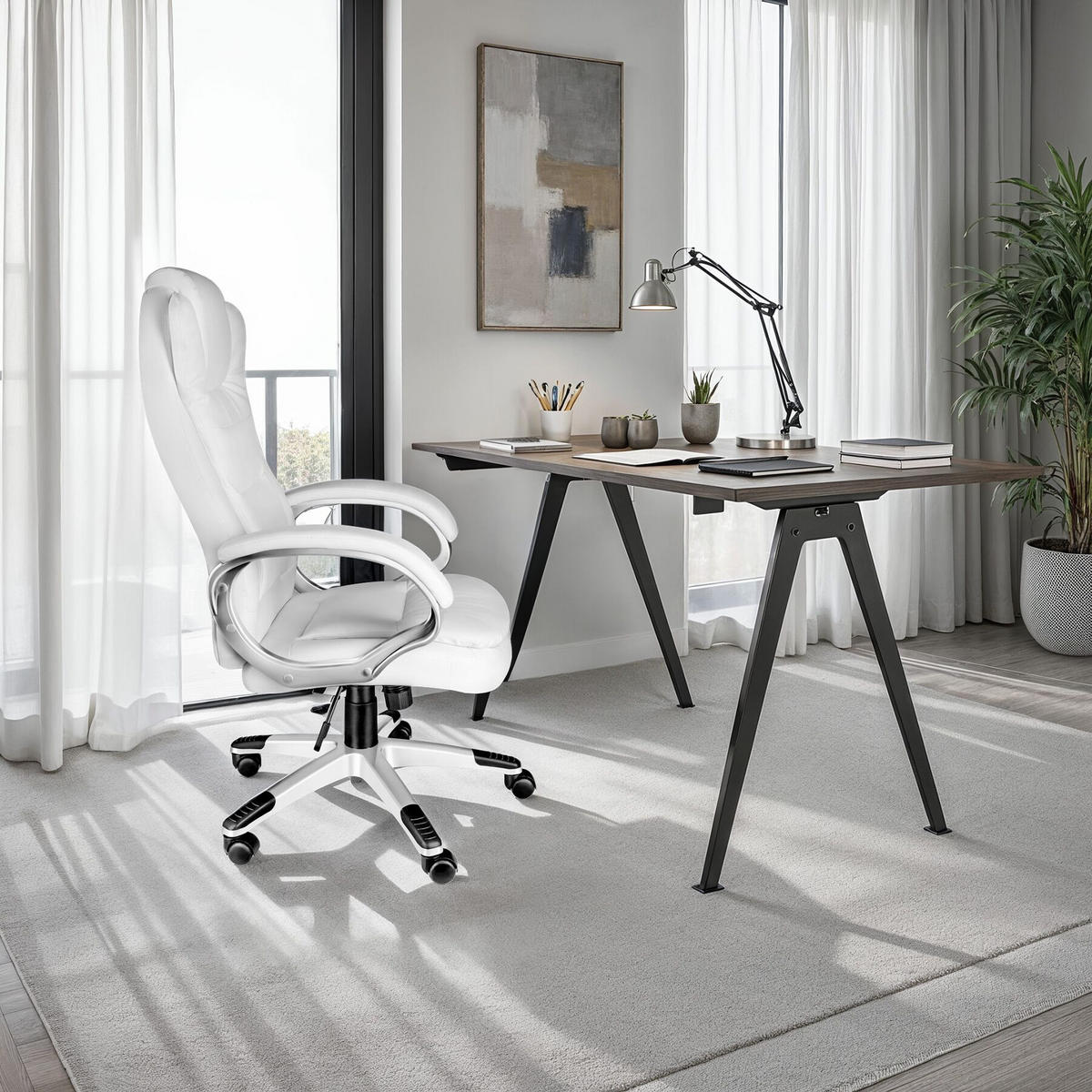 BÜROSTUHL Zulu,einstellbare Wippfunktion,weiß - Weiß, Leder (53/55/53cm) - tectake