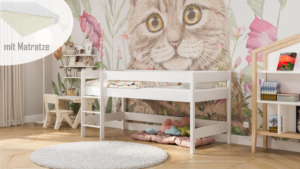 HOCHBETT Leo 200x90 weiß mit Matratze - Weiß, Holzwerkstoff (90/200cm) - LUKDOM