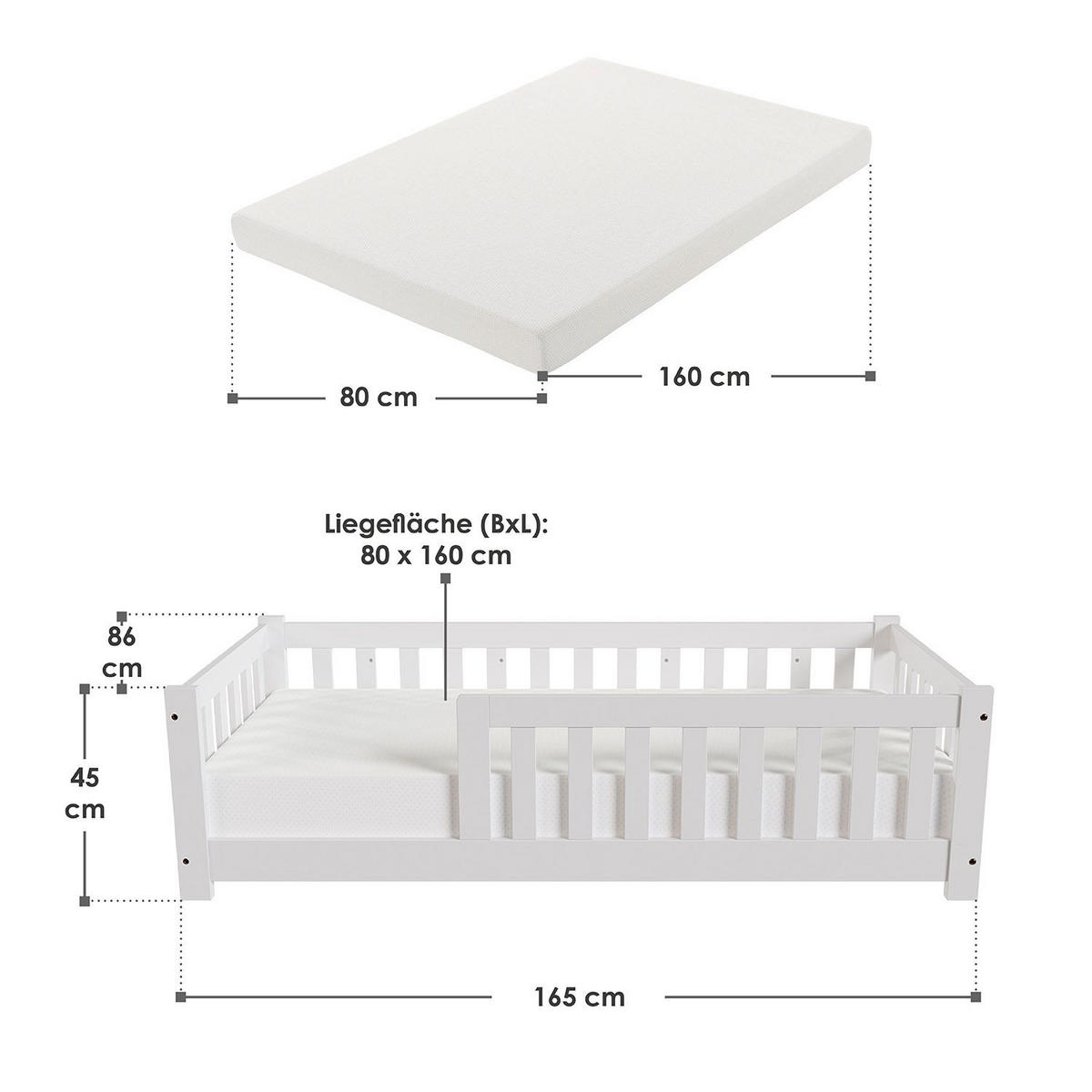 KINDERBETT Naya weiß mit Matratze 80x160 cm - Weiß, Holz (80/160cm) - Juskys
