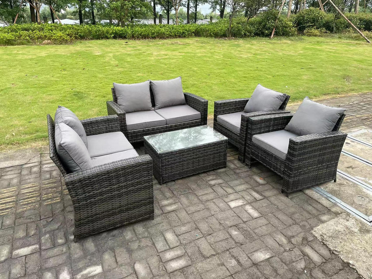 GARTENGARNITUR Polyrattan Dunkelgrau 6-Sitzer - Dunkelgrau, Metall - Fimous