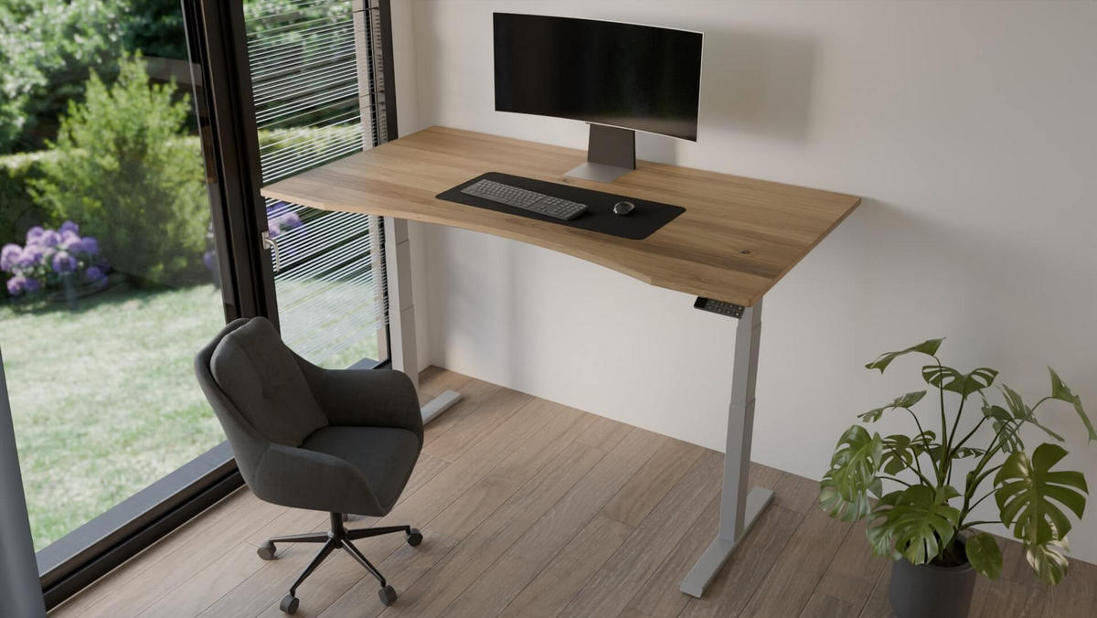 SCHREIBTISCH 150/80 elektrisch höhenverstellbar aus Wildeiche - Silber - Braun/Grau, Holz (80/150/72.5cm) - MeinMassivholz