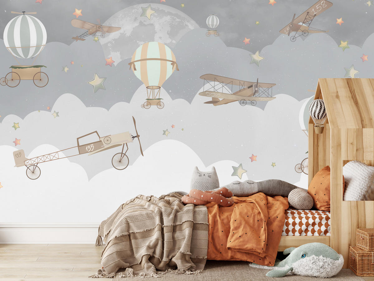 FOTOTAPETE für Kinderzimmer Ballons Wolken Flugzeug Himmel Sterne 250x175 - Multicolor, Papier (250/175cm) - Muralo