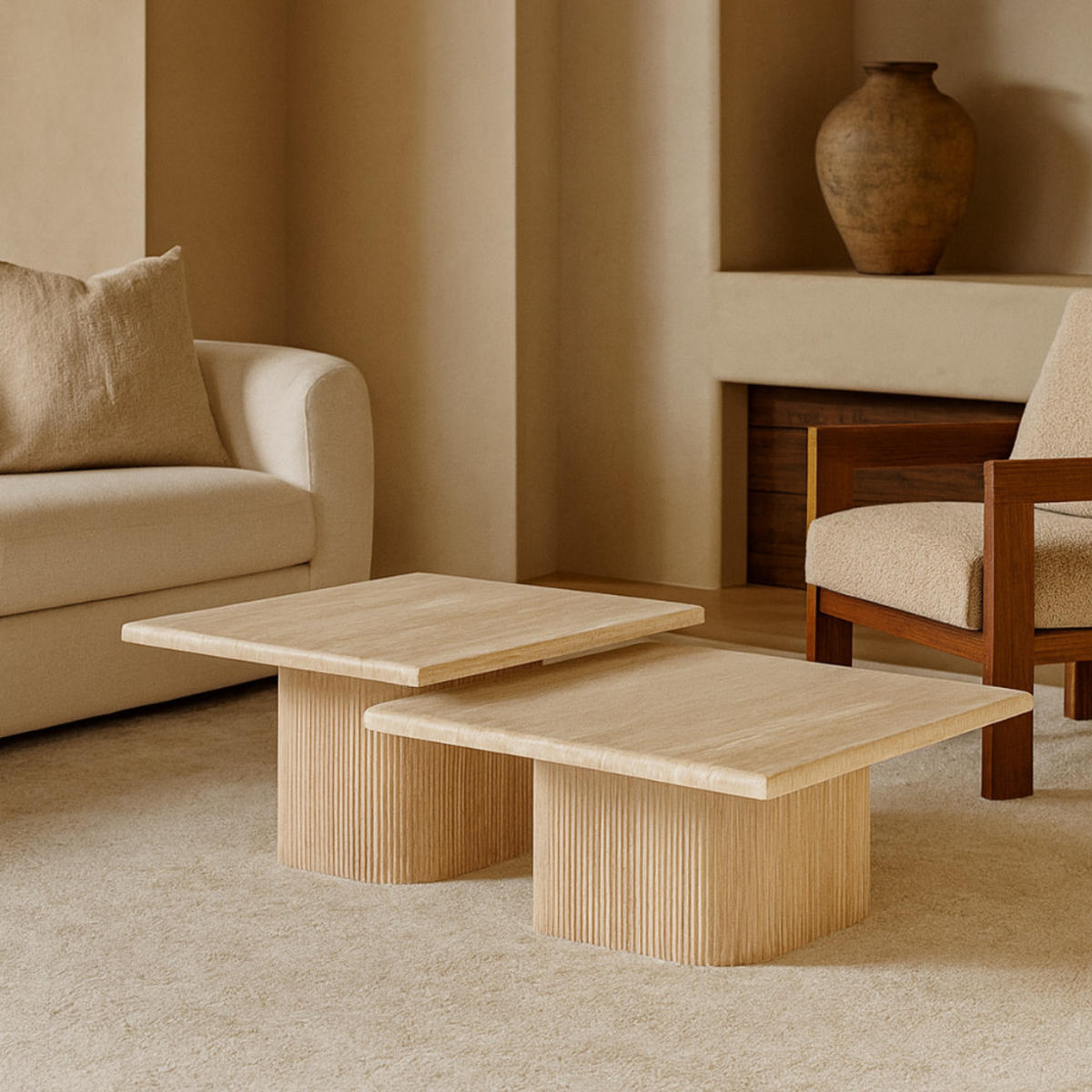 COUCHTISCH Set Alviano Beige Travertin Tischplatten - Beige, Keramik (90/90/38cm) - alesvelt
