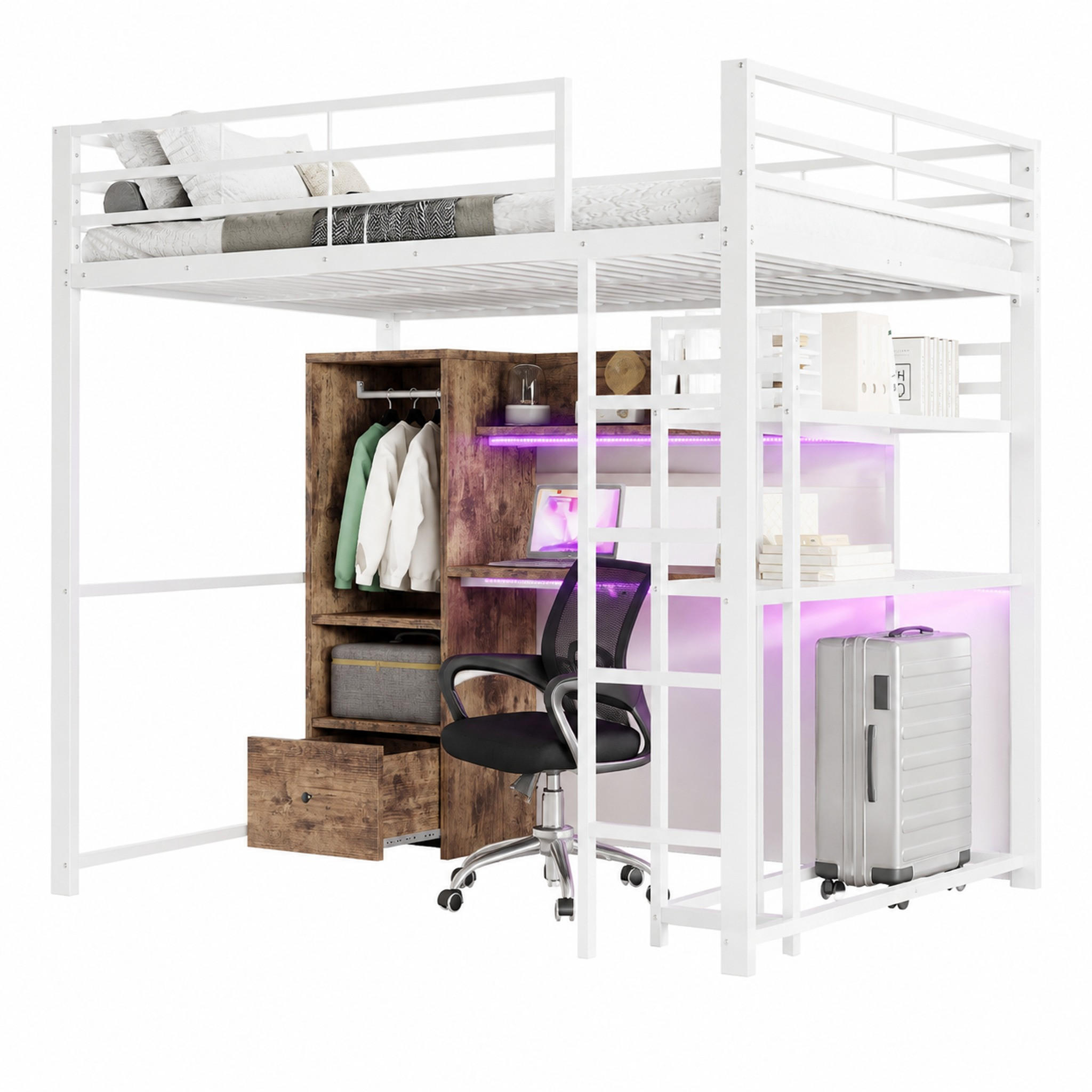 HOCHBETT mit Schreibtisch 140x200 cm Metall MDF White - Weiß, Metall (140/200cm) - Meubliv