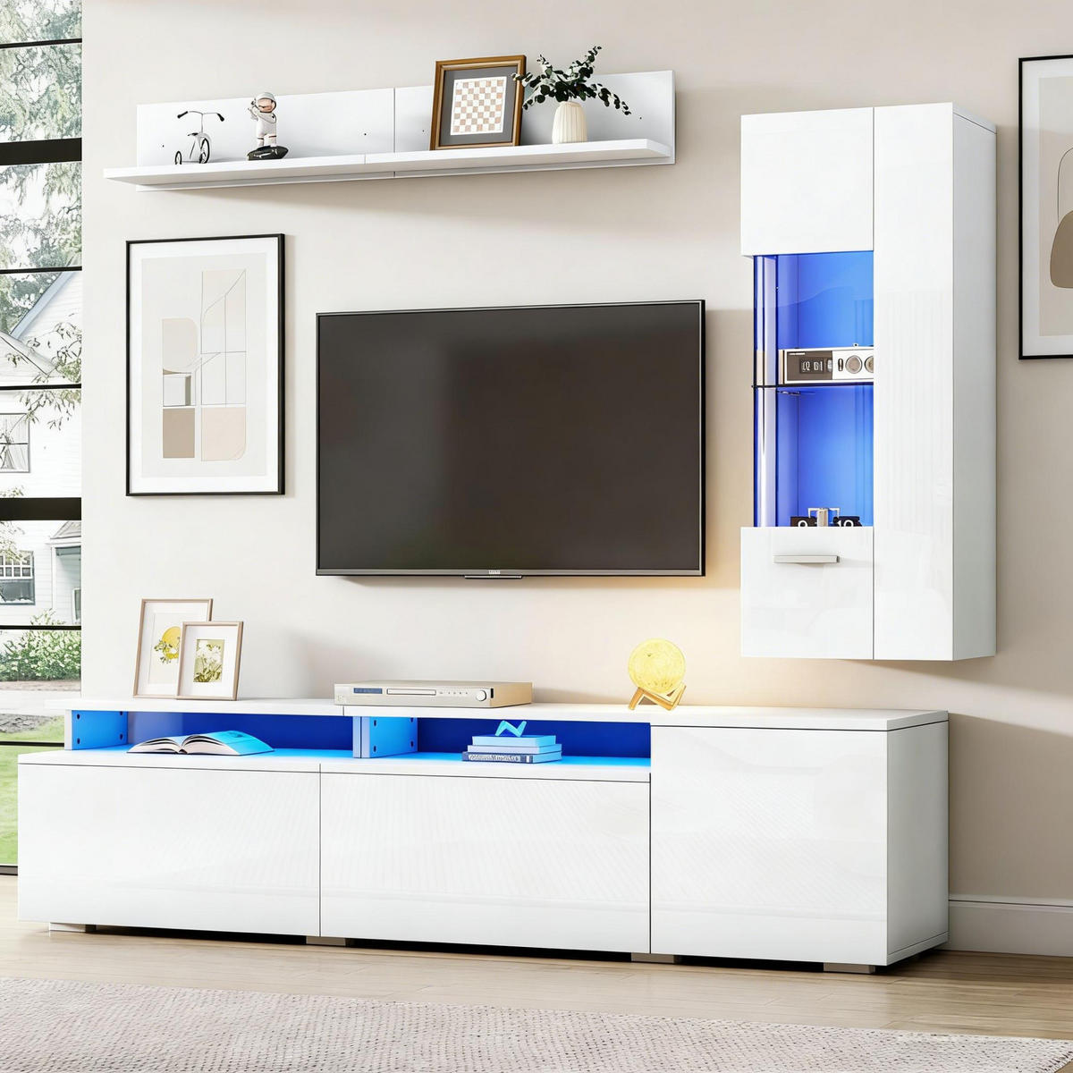 TV-WOHNWAND 3-tlg. mit LED 180 cm Hochglanz Weiß - Weiß, Glas (40/45/180cm) - Beauniv