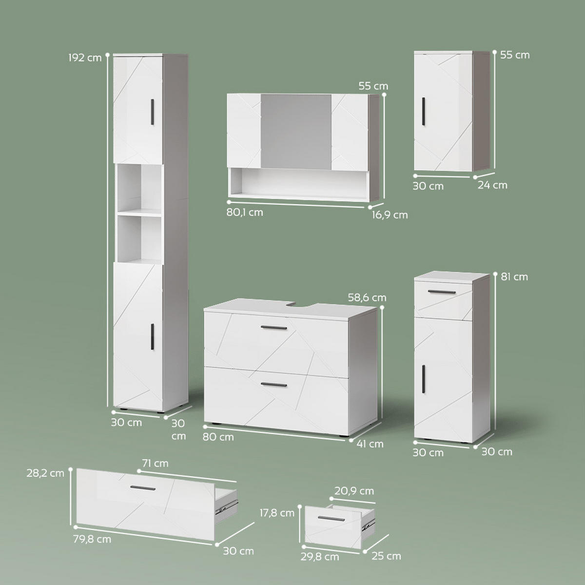BADMÖBEL-SET Ronco Weiß Hochglanz 5 Teile - Weiß Hochglanz/Weiß, Holzwerkstoff (41/80/58cm) - Livinity®