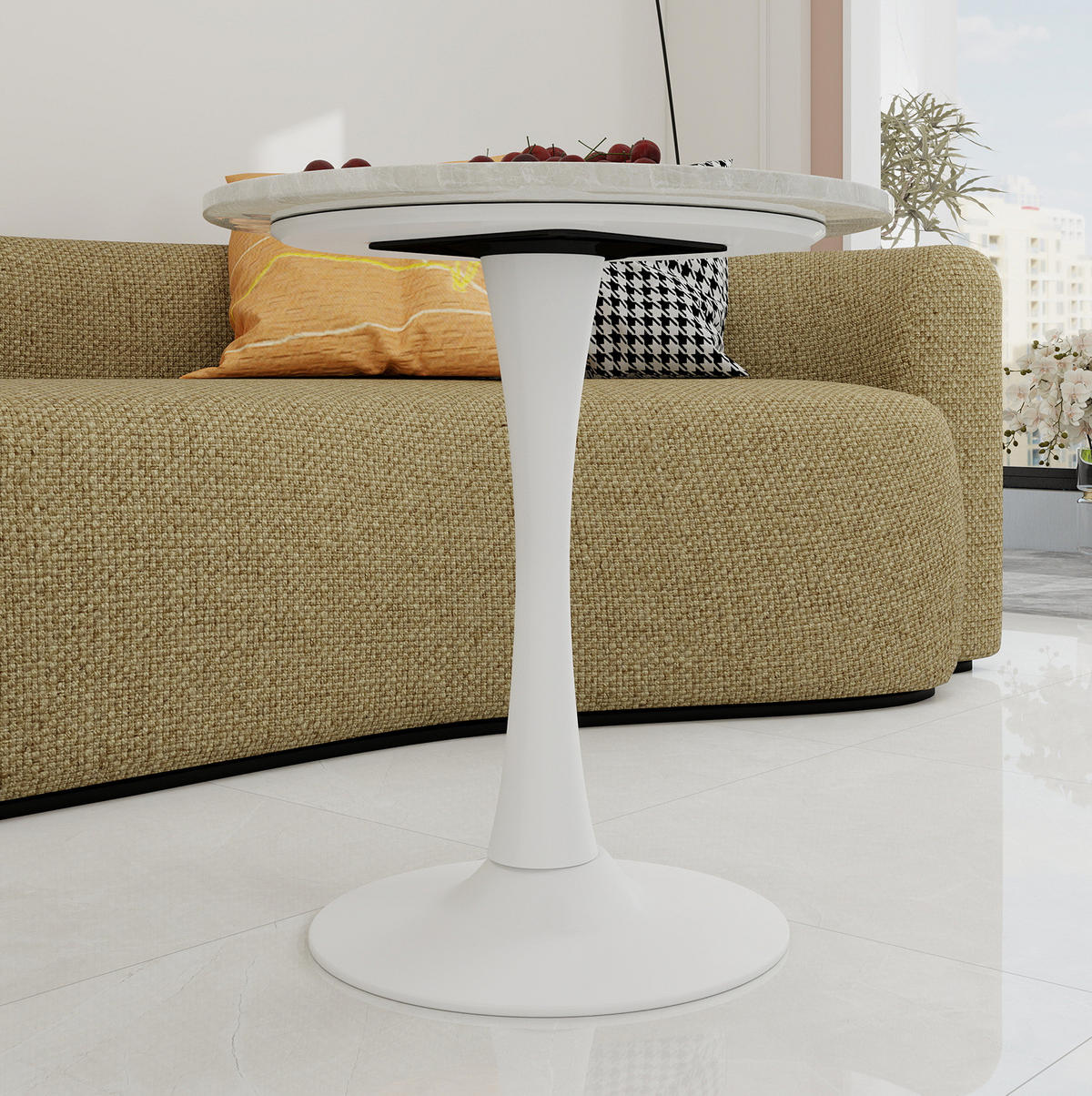 COUCHTISCH 70,1 cm in Weiß aus Kunstmarmor–rundes Design für viele Wohnbereiche - Weiß, Stein (70/70/72cm) - Flora Grace