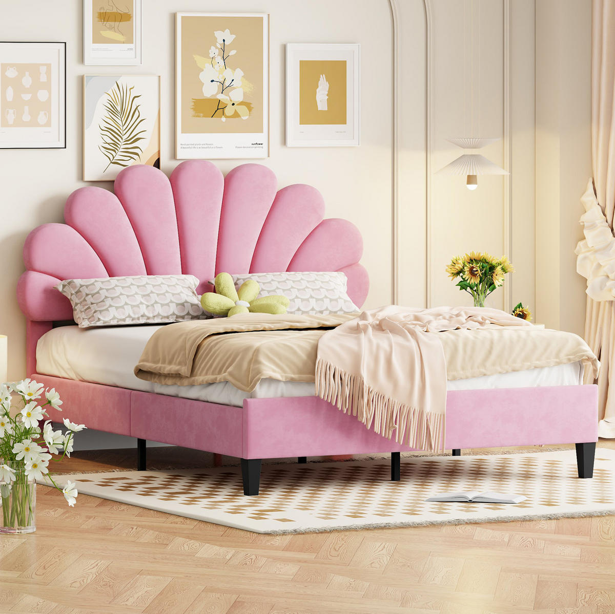 POLSTERBETT mit Blumen-Kopfteil 140x200 cm Samt Pink - Pink, Metall (140/200cm) - Meubliv