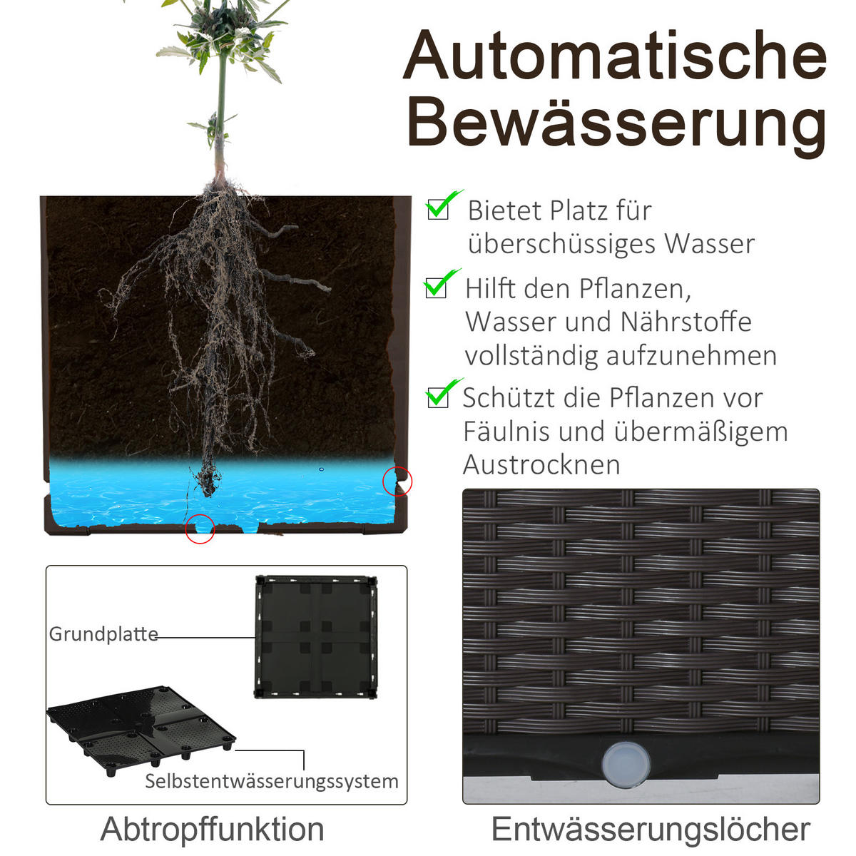 HOCHBEET, 4-tlg. Pflanzkasten mit Abflusslöchern, Rattan-Look, Blumenkasten, DIY, Braun, 40 x 40 x 45 cm - Dunkelbraun, Kunststoff (40/44/40cm) - Outsunny
