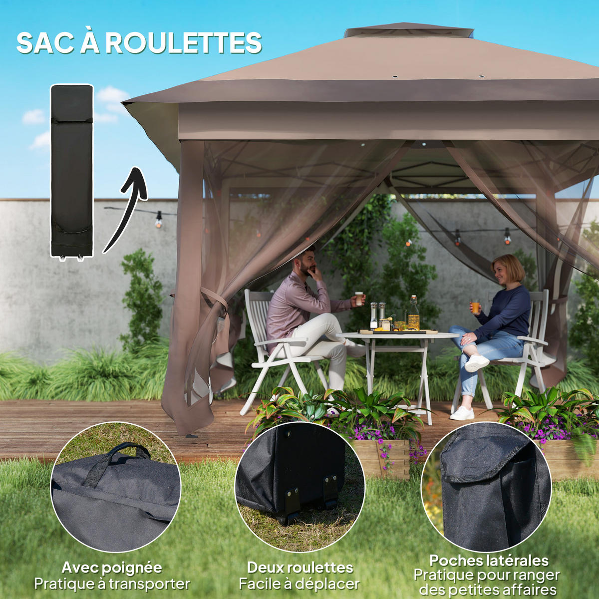 PAVILLON DE-13981 Pop-up, 4 Moskitonetze, mit Rolltasche Khaki/Braun - Mokka, Metall (364/294/364cm) - ComfortXL