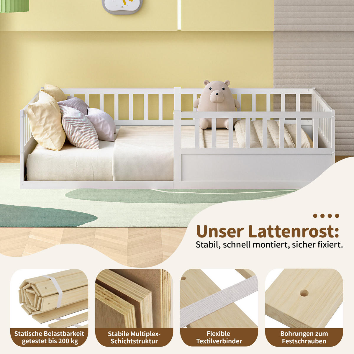KINDERBETT 140/200 cm in Weiß aus Kiefer mit Rausfallschutz und Lattenrost - Weiß, Holzwerkstoff/Metall (140/200cm) - WISHDOR