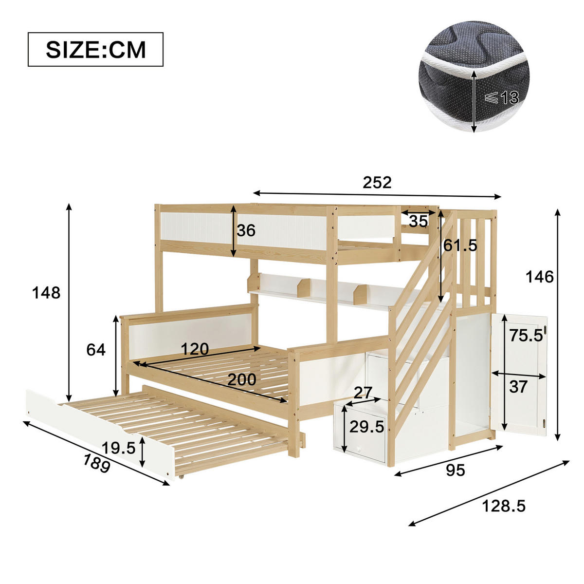 ETAGENBETT aus Kiefer und MDF 90x200/120x200 cm Weiß/Natur mit Rollbett, Stauraumtreppe und Kleiderschrank - Weiß, Holzwerkstoff (90/200cm) - Modfu