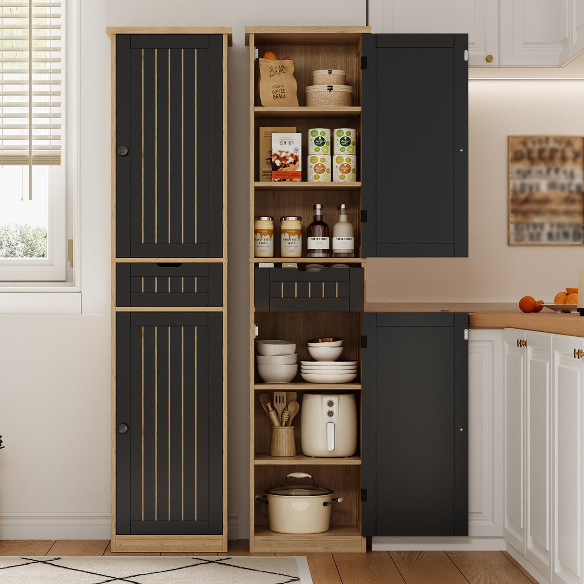 GESCHIRRSCHRANK 170 cm MDF Natur Schwarz mit Türen und verstellbaren Böden - Schwarz, Holzwerkstoff (30/170/40cm) - Korfee