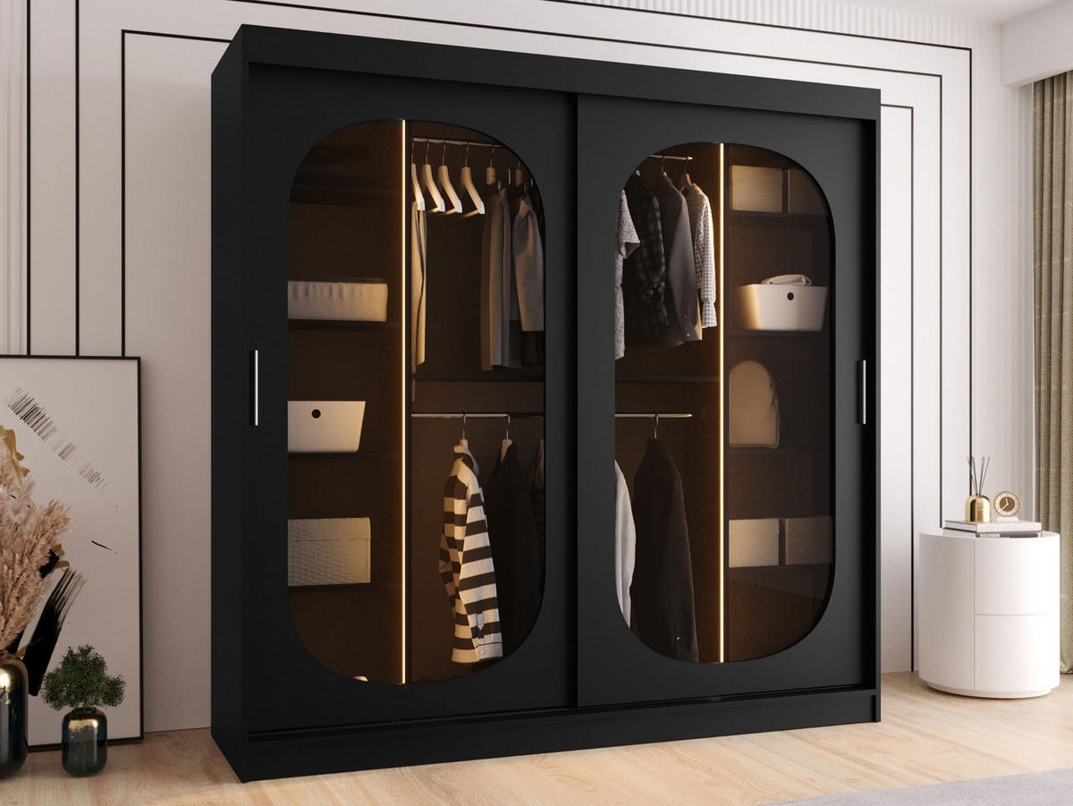 SCHWEBETÜRENSCHRANK Bahrajn 200 mit LED Beleuchtung - Silberfarben/Schwarz, Holzwerkstoff/Kunststoff (200/200/62cm) - MIRJAN24