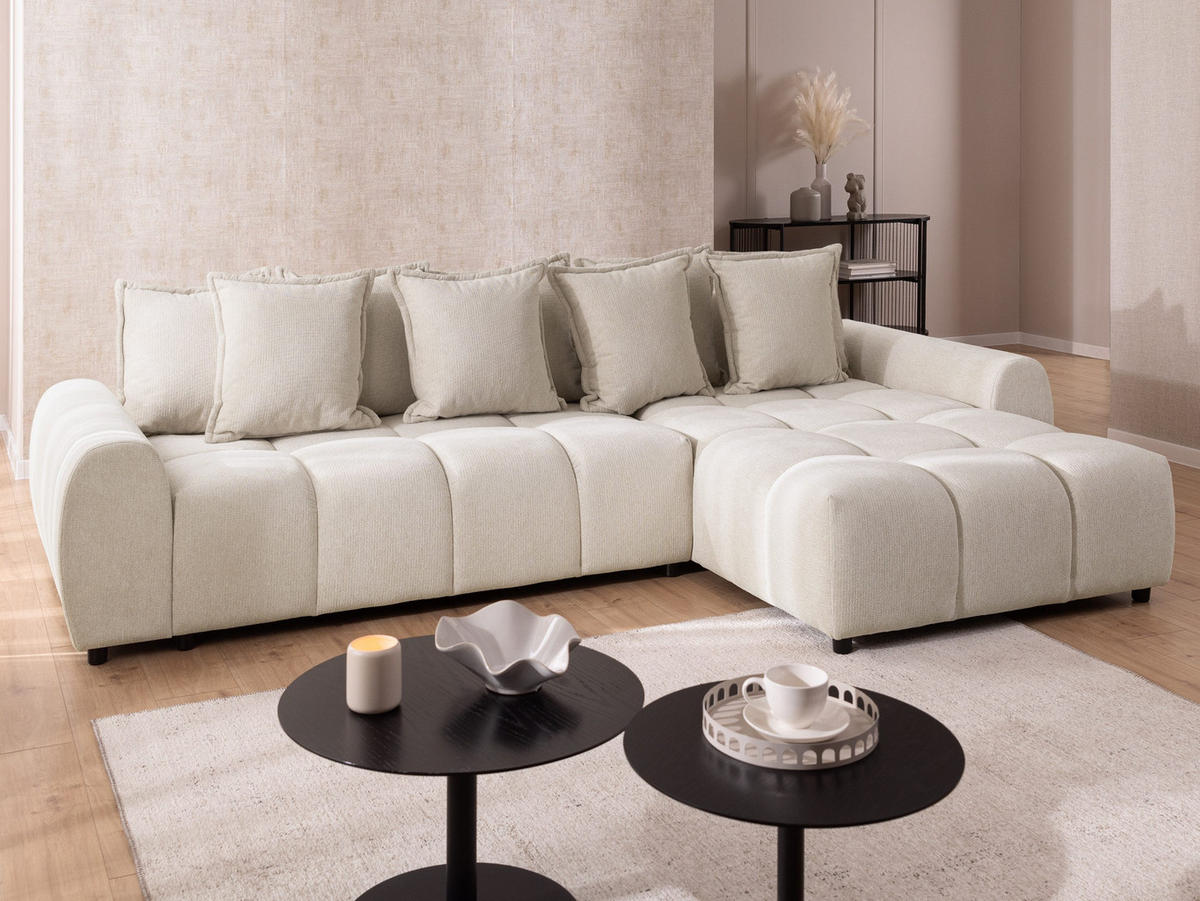 ECKSOFA Bubble mit losen Rückenkissen und Sitzfläche in Bubble-Optik aus weichem Hellbeige Strukturstoff mit schöner Sitzkomfort - Ottomane rechts - Beige/Schwarz, Holz/Kunststoff (306/180cm) - S-Style Möbel