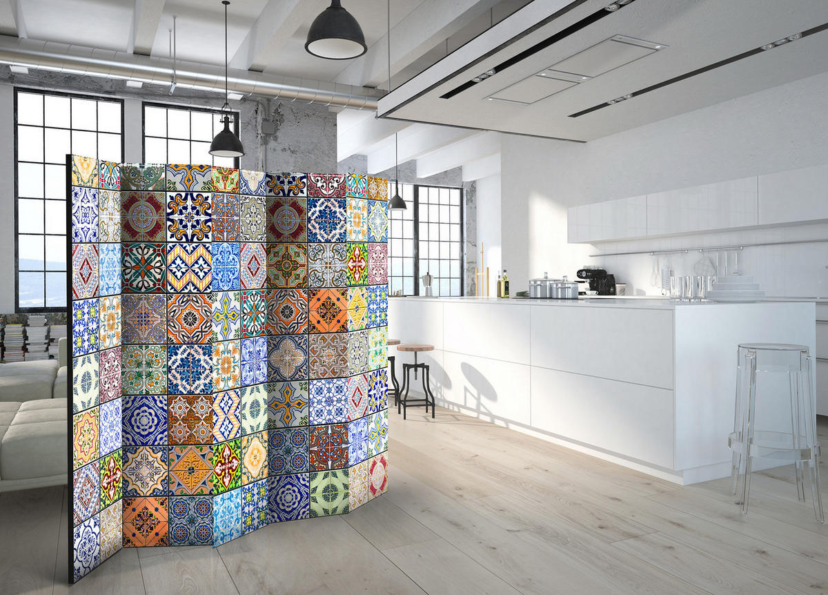 PARAVENT Einseitig Bedruckter 5-tlg 225x172 cm Mosaik Formen - Multicolor, Holz/Textil (225/172/3cm) - Muralo