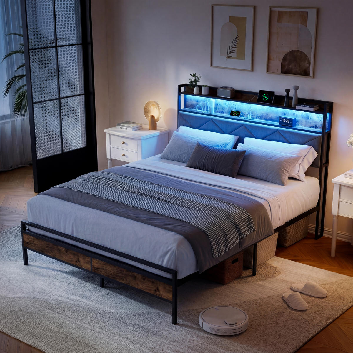 BETTGESTELL 140/200 cm grau Holz Metall mit RGB LED USB - Dunkelgrau, Holz