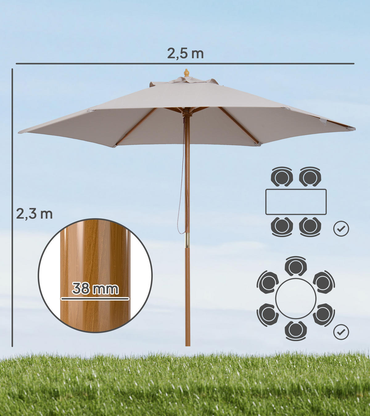 SONNENSCHIRM, Bambus, Polyester, Grau - Grau, Holz (250/250cm) - Outsunny