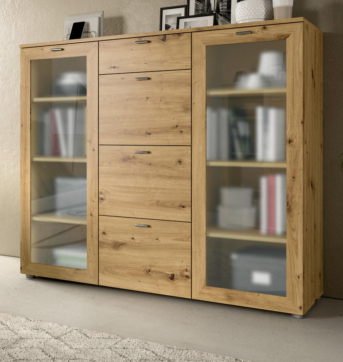 HIGHBOARD Eiche Artisan 135 cm, 2 Türen mit Glaselement - Silberfarben/Eiche Artisan, Glas/Holzwerkstoff (135/115/37cm) - Inn.Furn