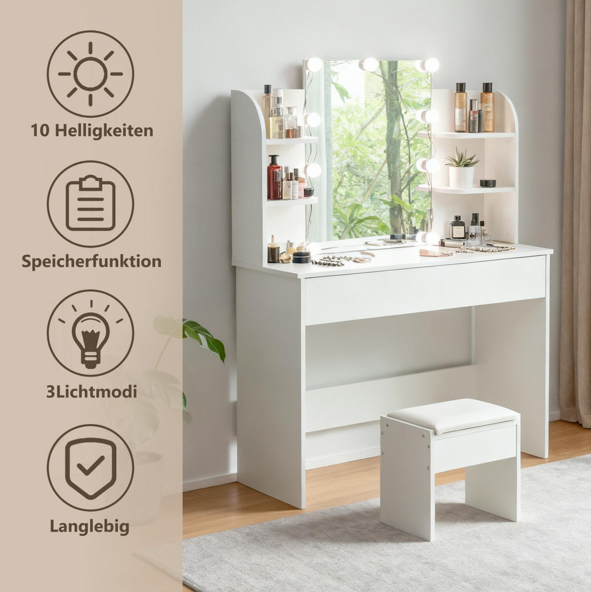 SCHMINKTISCH 40/105/130 cm Weiß aus MDF mit LED-Beleuchtung und Hocker - Weiß, Holzwerkstoff (40/130/105cm) - OKWISH