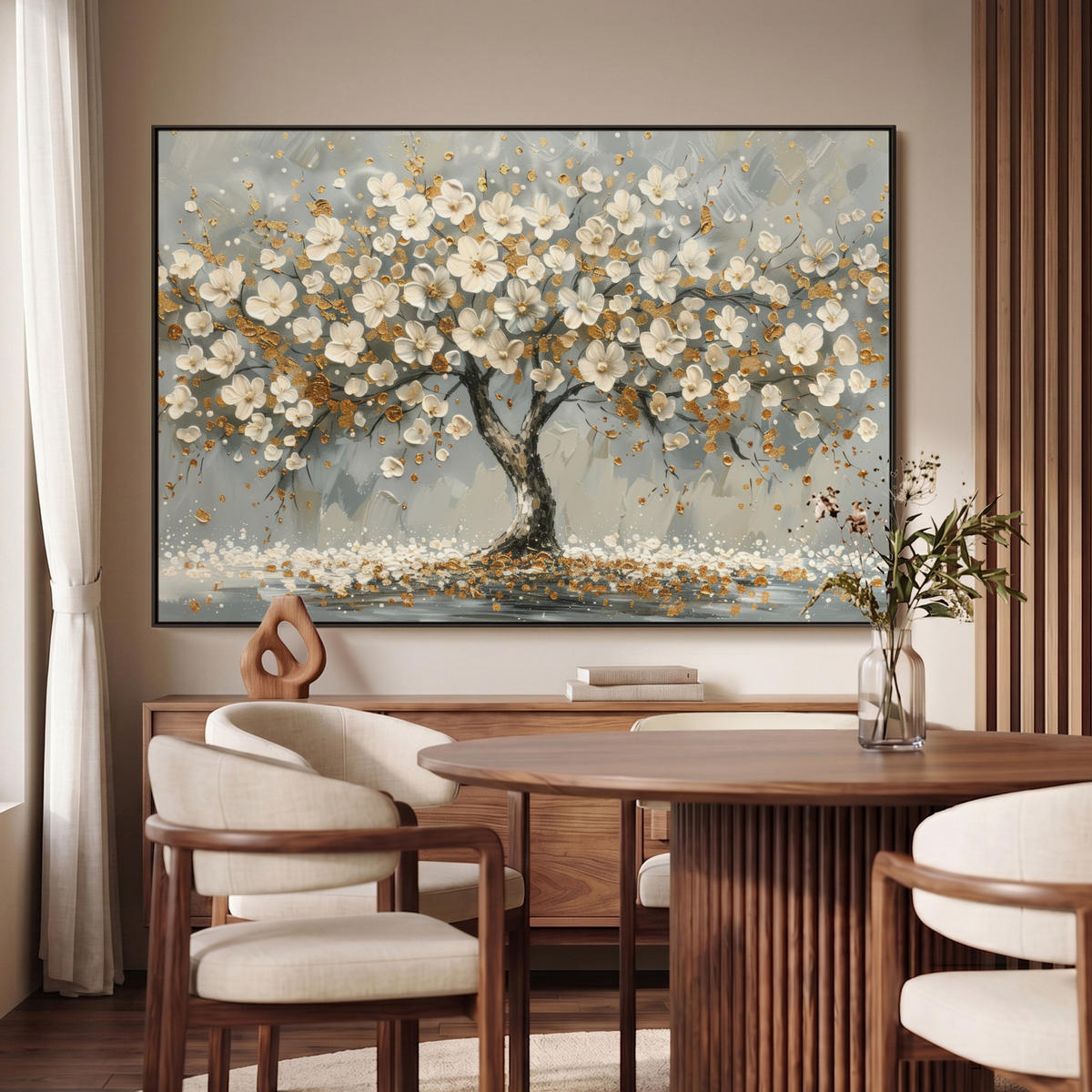 LEINWAND Bilder mit Rahmen - Baum - Blumen - Weiß - Natur - Kunst - 150x100 - Weiß, Textil (150/100cm) - MuchoWow