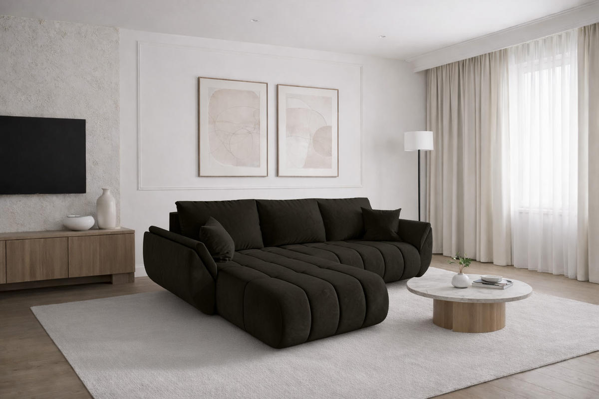 ECKSOFA TOKYO PREMIUM mit Schlaffunktion, Stoff MONOLITH, Dunkelgrau, Links - Dunkelgrau, Holz (280/190cm) - Kaiser Möbel