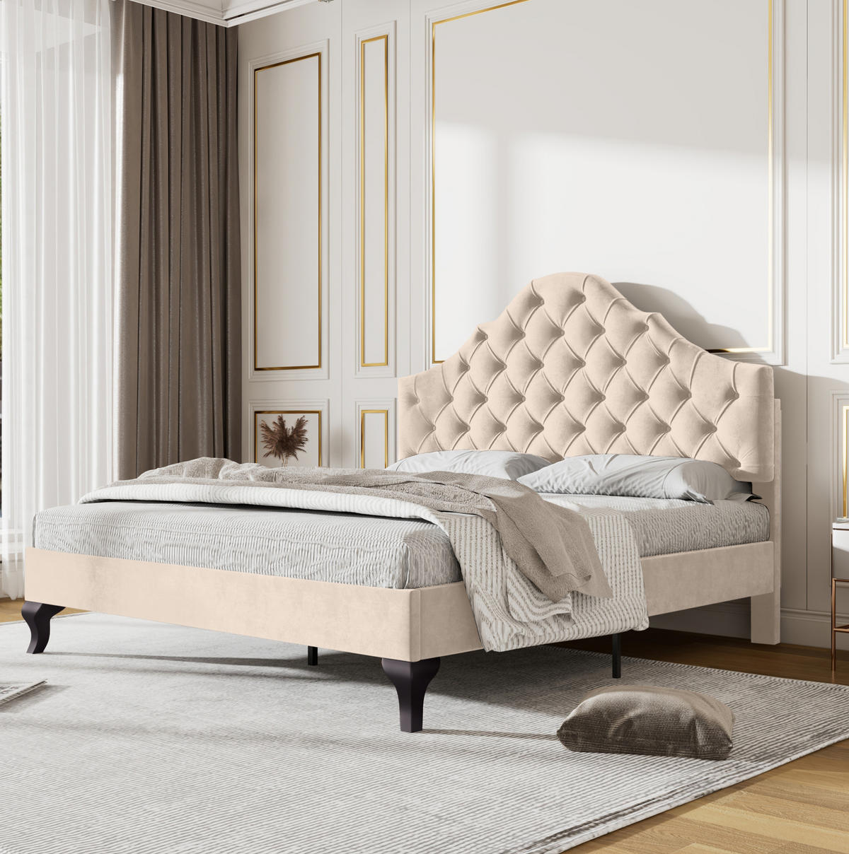 POLSTERBETT aus Samt 140x190 cm Off-White mit höhenverstellbarem Kopfteil und Lattenrost - Beige, Textil (140/190cm) - Modfu