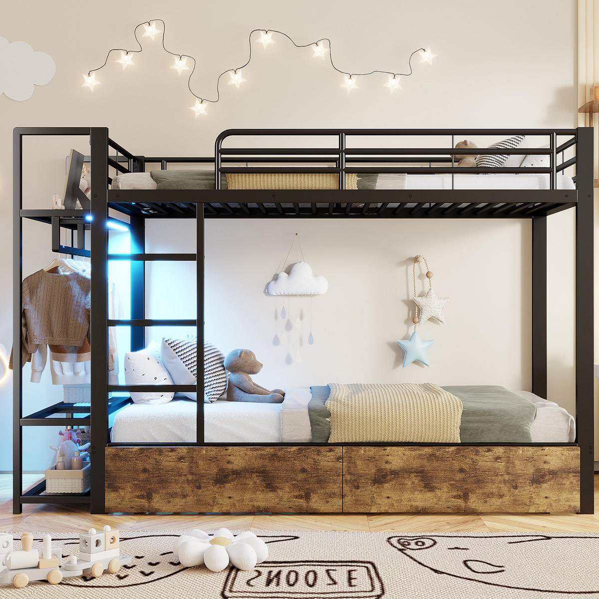ETAGENBETT 90/200 cm aus Metall mit LED-Beleuchtung, Schubladen und Ablagen - Schwarz, Metall (90/200cm) - Flora Grace