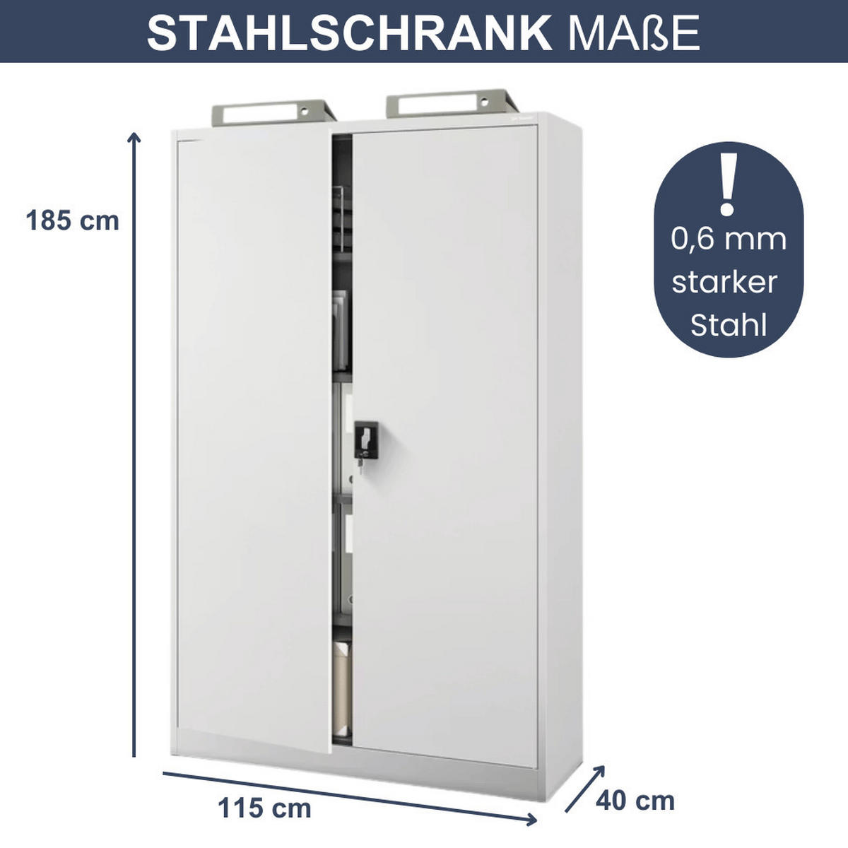 AKTENSCHRANK abschließbar KADO mit Flügeltüren 185x115x40cm Grau - Grau, Metall (115/185/40cm) - DELUKE