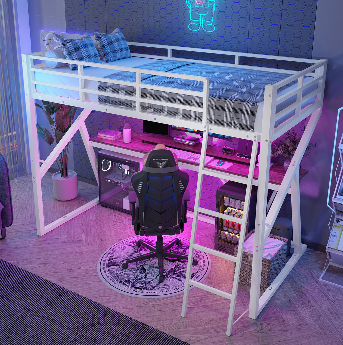 HOCHBETT 90/200 cm mit LED und Schreibtisch ohne Matratze - Weiß, Metall (90/200cm) - MIVRAY