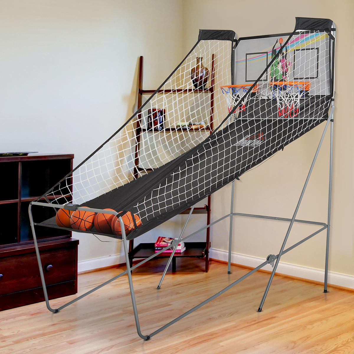 BASKETBALL-ARCADE DE-18659 klappbar, 2 Körbe, 8 Spielmodi Schwarz/Weiß - Schwarz, Holzwerkstoff (110/205cm) - ComfortXL