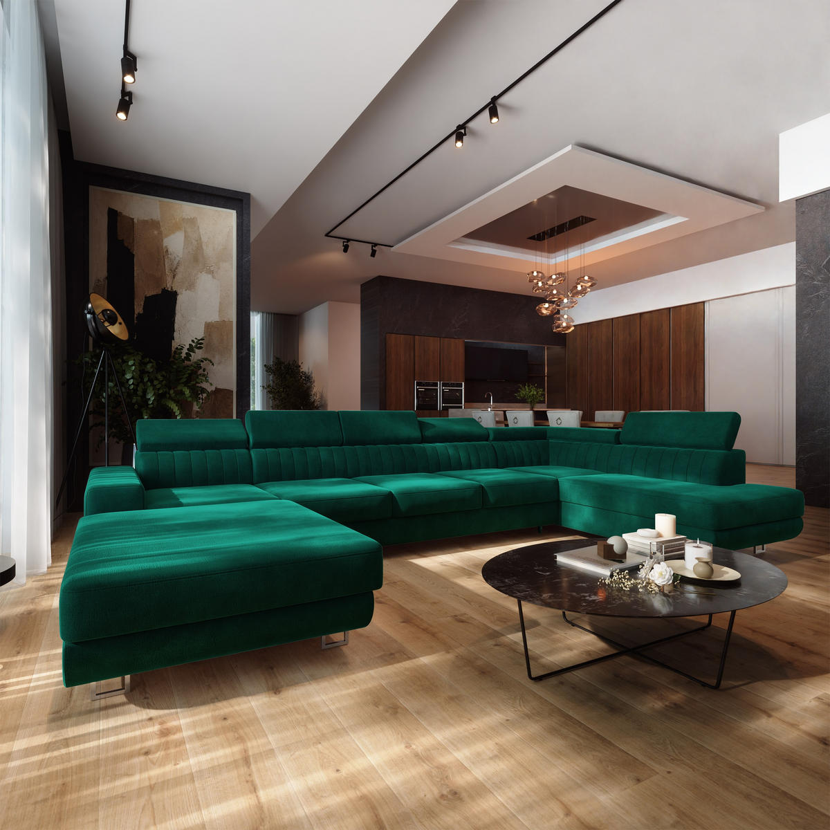 WOHNLANDSCHAFT GAIAN Grün Velours-Stoff mit Schlaffunktion - Grün, Holz (412/88/190cm) - MASSENO