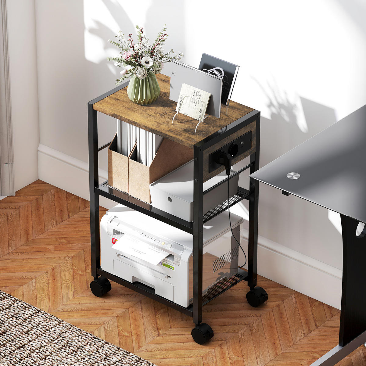 DRUCKERSTÄNDER Druckeregal mit Rollen, Steckdosen, USB- und USB-C-Anschlüsse - Rostfarben/Schwarz, Holzwerkstoff/Metall (28/64.5/42cm) - HOMCOM