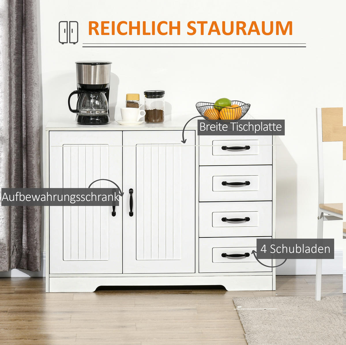 SIDEBOARD aus MDF 40x105x76 cm Weiß mit 4 Schubladen, verstellbarem Einlegeboden und Kippschutz - Weiß, Holzwerkstoff (105/76/40cm) - Modfu