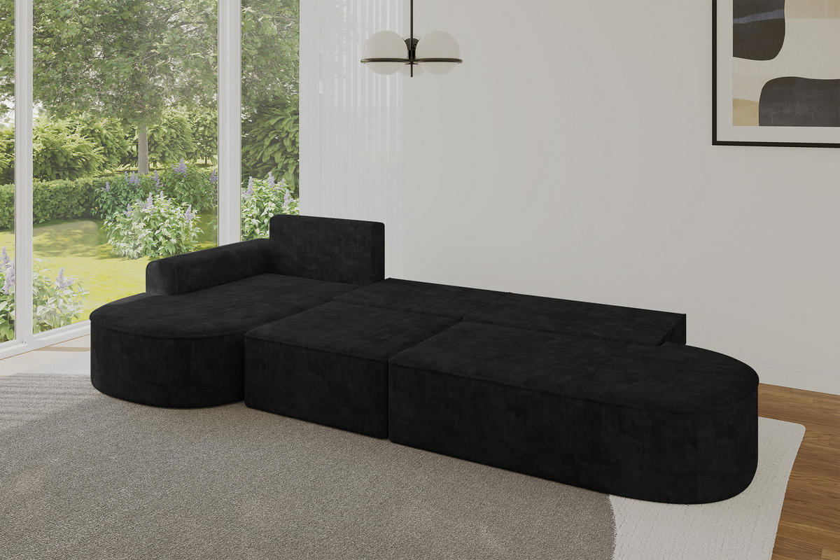 ECKSOFA mit Schlaffunktion Ottomane Links MARI L2-S 368X167X85 Schwarz Velours - Schwarz, Holzwerkstoff/Kunststoff (368/167cm) - ALTDECOR