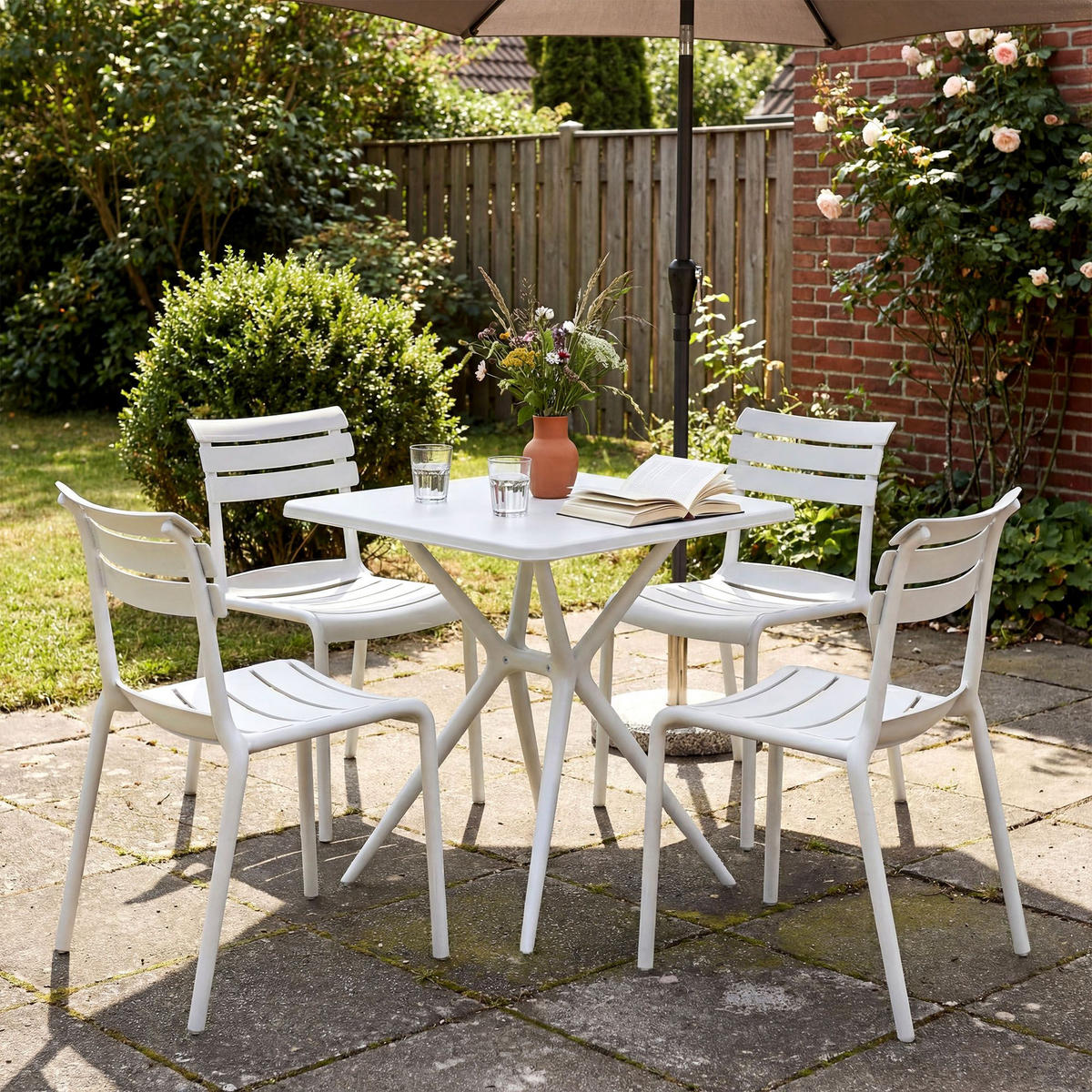 GARTENMÖBEL-SET Klara 4 Stühle 190x190x82cm Kunststoff Weiß Balkonset - Weiß, Kunststoff - DELUKE