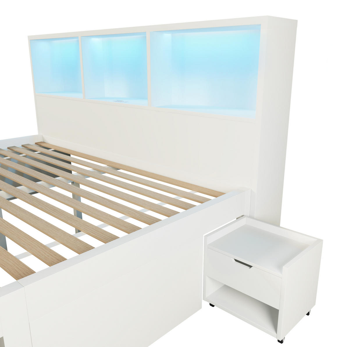 BETT 140/190 cm mit LED-Beleuchtung, USB-C, Stauraum und beweglichem Nachttisch, Weiß - Weiß, Holzwerkstoff (140/190cm) - Redom